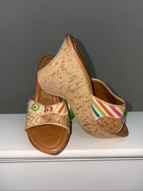 Striped Multi-Color Cork Wedge Slide Sandals